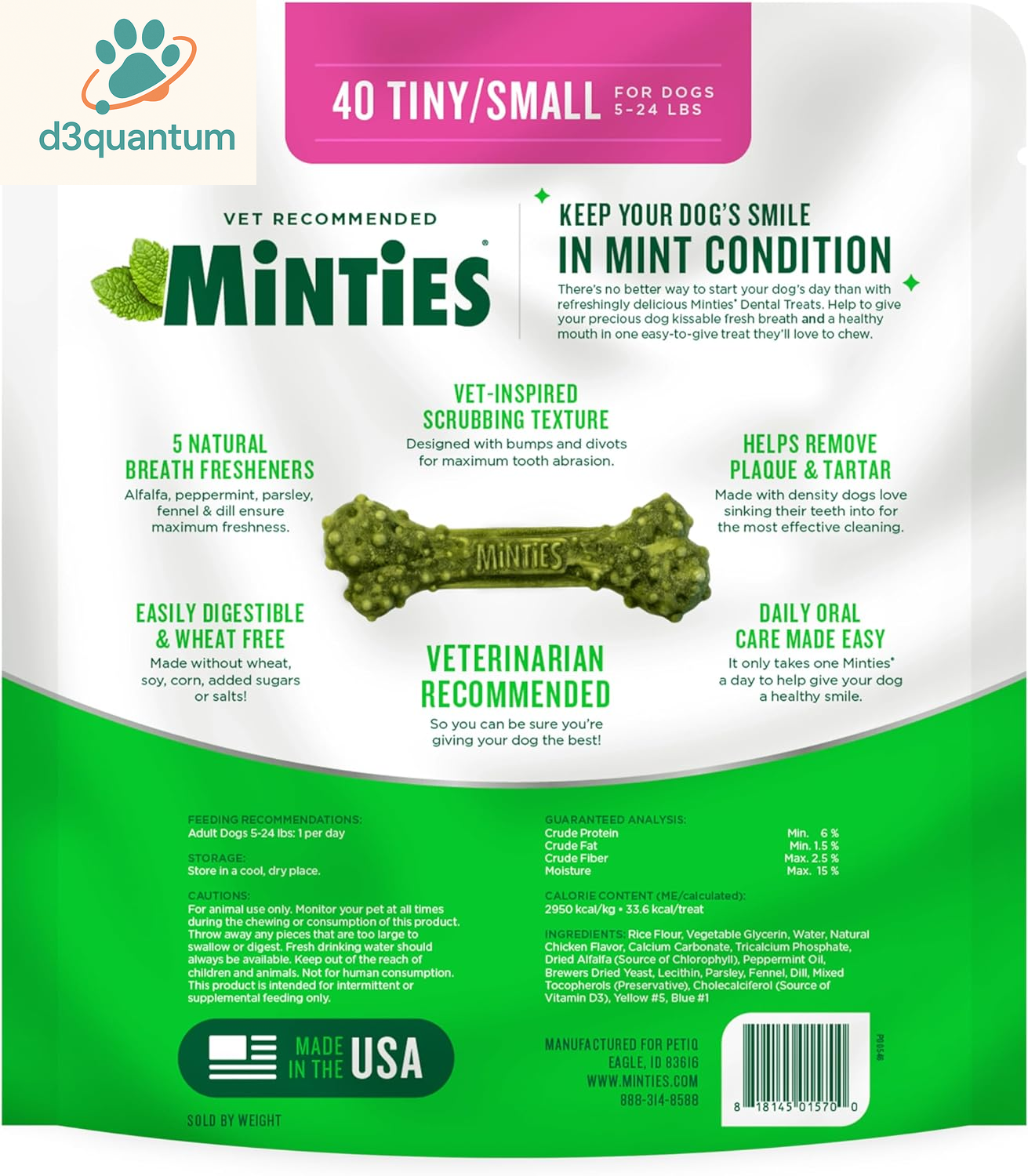 Minties Dental Chews for Small Dogs, 40 Count - Veterinarian-Recommended Mint-Flavored Treats for Dogs Weighing 5-24 lbs, Promotes Oral Hygiene by Reducing Plaque, Tartar, and Bad Breath