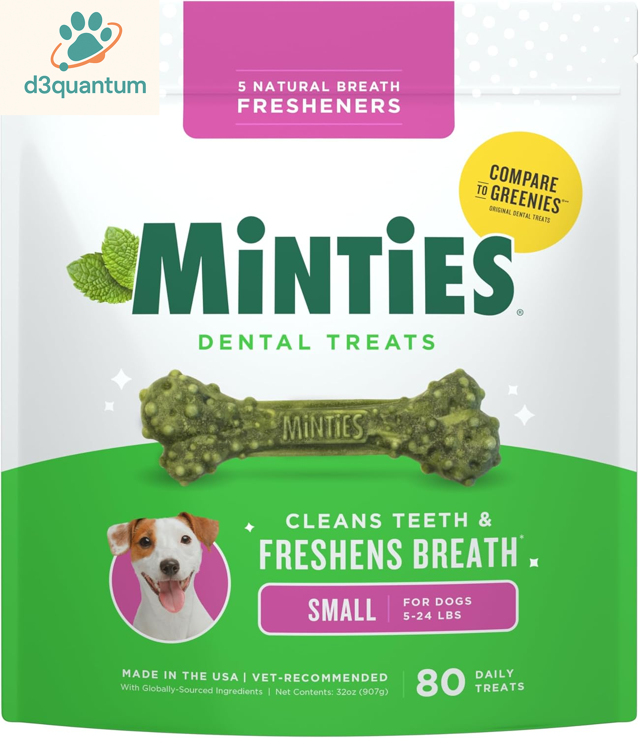 Minties Dental Chews for Small Dogs, 40 Count - Veterinarian-Recommended Mint-Flavored Treats for Dogs Weighing 5-24 lbs, Promotes Oral Hygiene by Reducing Plaque, Tartar, and Bad Breath