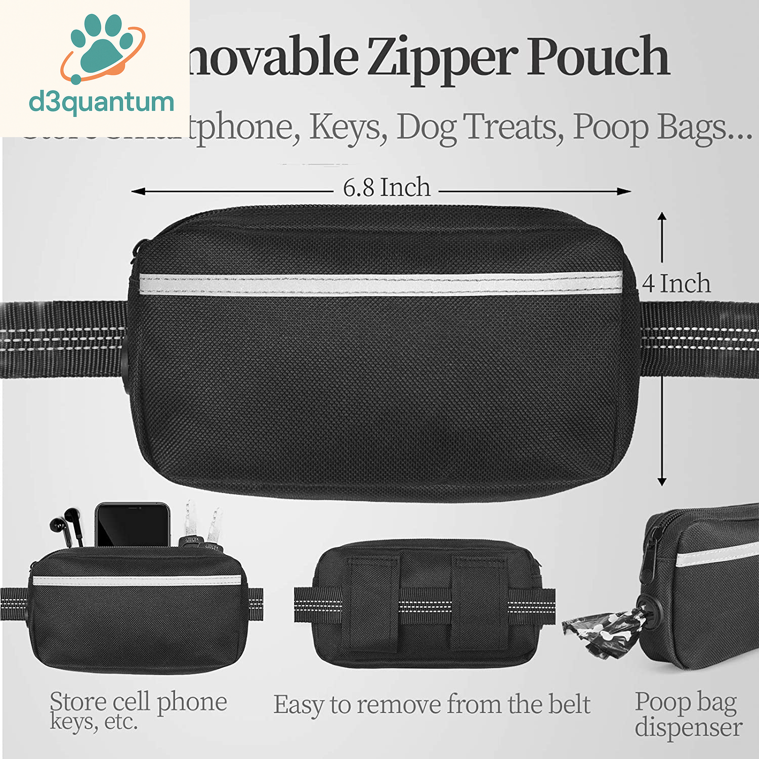 Iyoshop Hands-Free Dog Leash with Zipper Pouch, Dual Padded Handles, and Durable Bungee for Walking, Jogging, and Running (Medium, 8-25 lbs, Black)