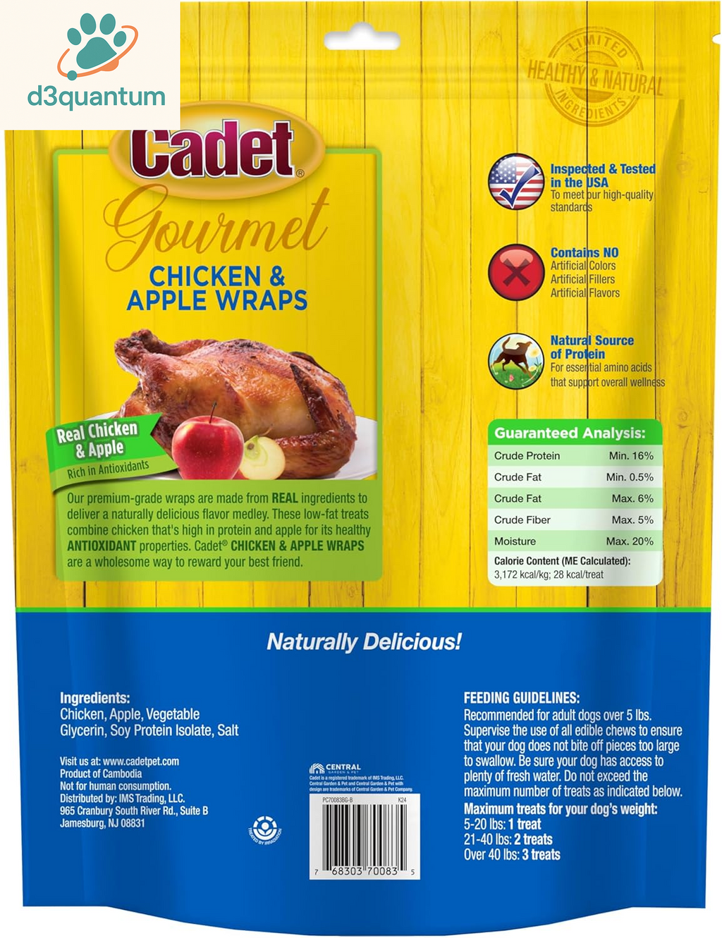 Cadet Gourmet Chicken & Apple Wrapped Dog Treats Wraps - Healthy & Natural Chicken & Apple Dog Training Treats for Small & Large Dogs - Inspected & Tested in USA (28 Oz.)