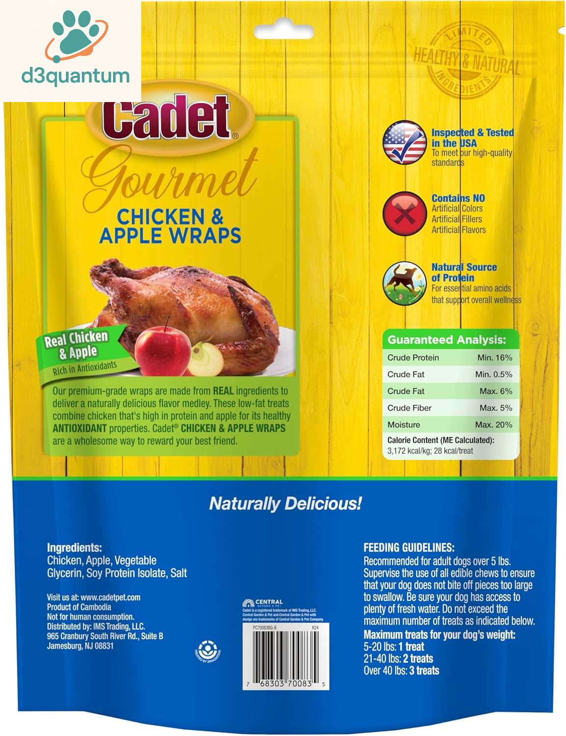 Cadet Gourmet Chicken & Apple Wrapped Dog Treats Wraps - Healthy & Natural Chicken & Apple Dog Training Treats for Small & Large Dogs - Inspected & Tested in USA (28 Oz.)