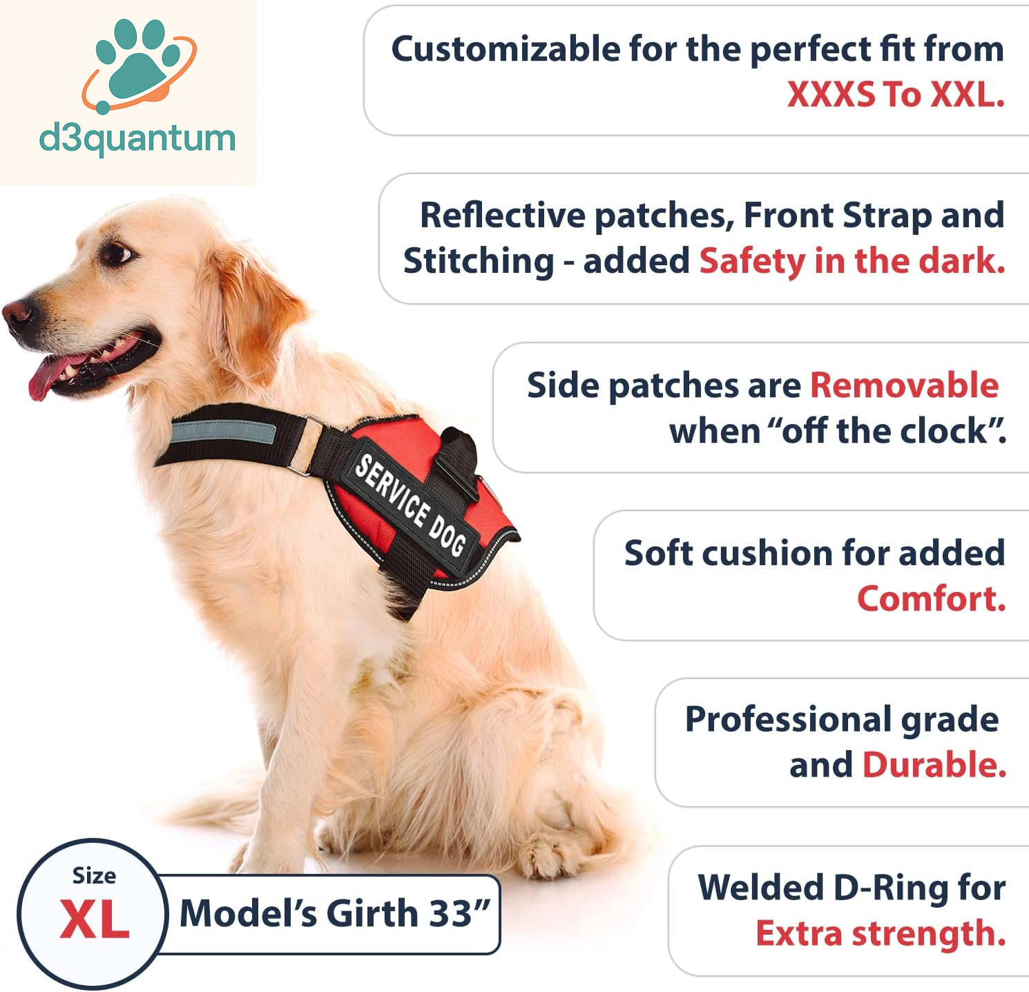 Service Dog Vest with Hook and Loop Straps and Handle - Harness Is Available in 8 Sizes from XXXS to XXL - Service Dog Harness Features Reflective Patch and Comfortable Mesh Design Bright Red
