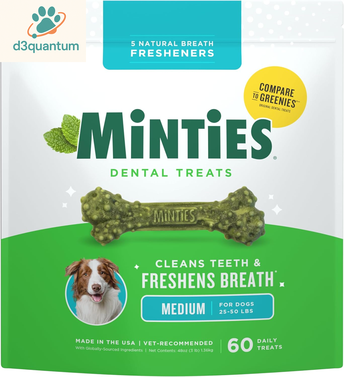 Minties Dental Chews for Small Dogs, 40 Count - Veterinarian-Recommended Mint-Flavored Treats for Dogs Weighing 5-24 lbs, Promotes Oral Hygiene by Reducing Plaque, Tartar, and Bad Breath