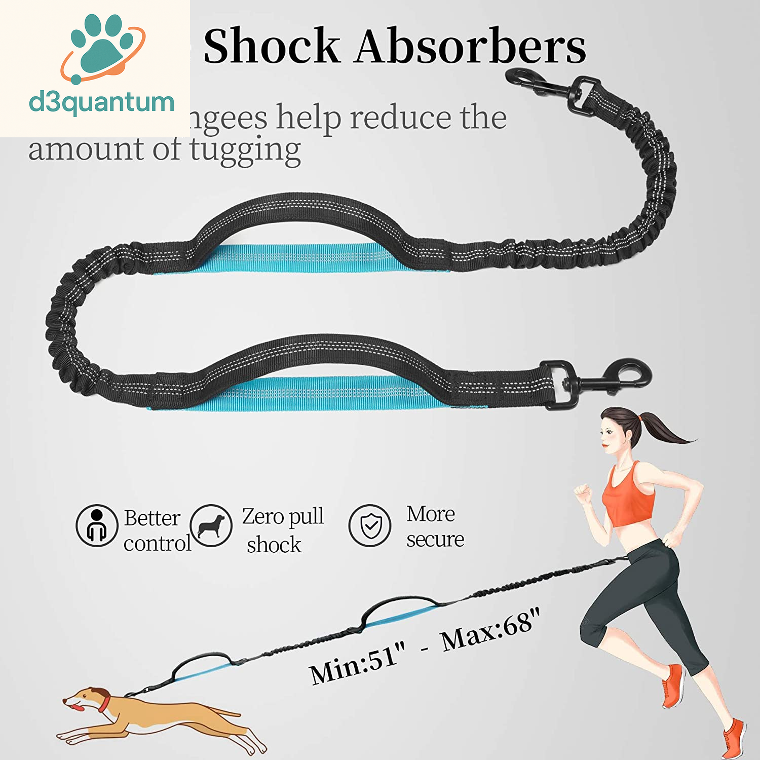 Iyoshop Hands-Free Dog Leash with Zipper Pouch, Dual Padded Handles, and Durable Bungee for Walking, Jogging, and Running (Medium, 8-25 lbs, Black)